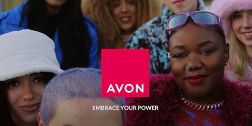 A group of women and Avon's new logo on top 