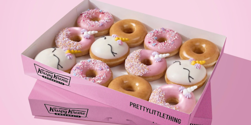 Box of 12 PrettyLittleThing and Krispy Kreme donuts 