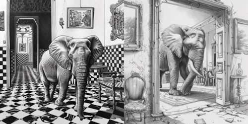 Elephants in rooms, generated by Midjourney